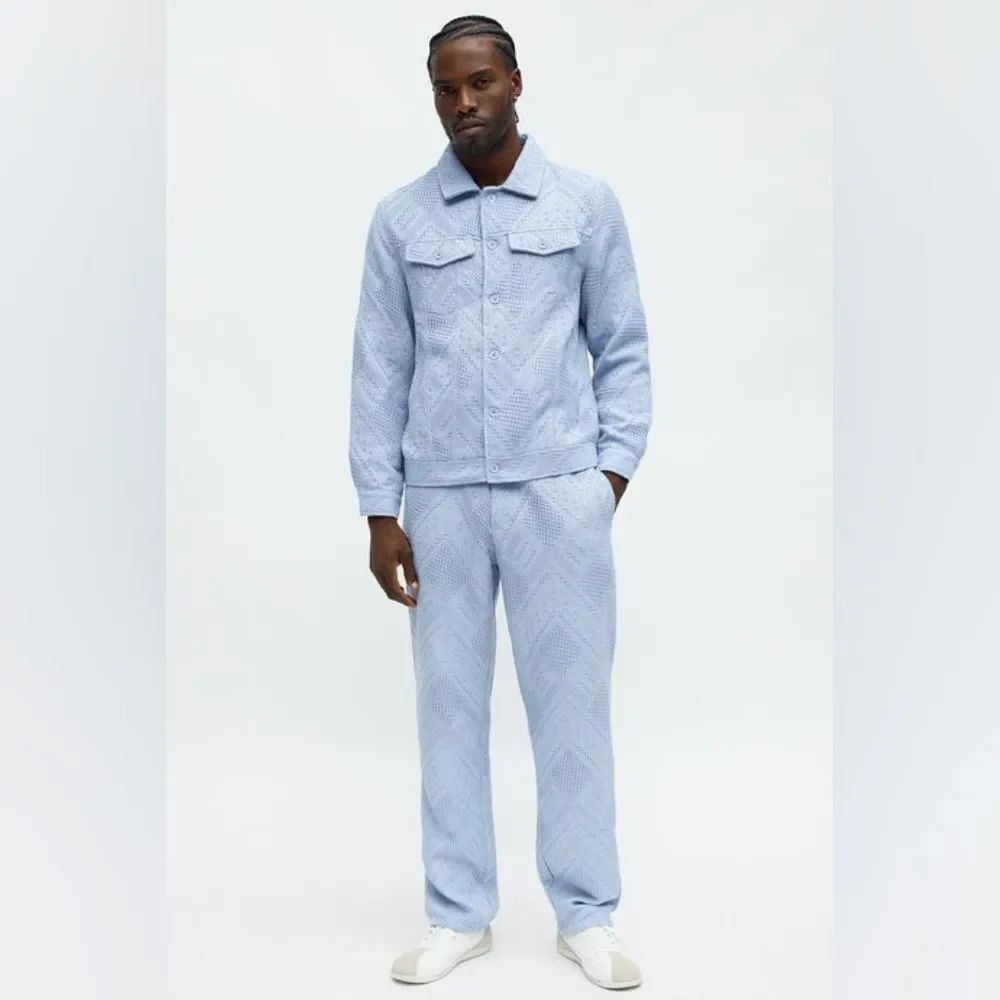 Relaxed Twist Weave Textured Trucker Jacket - Light Blue